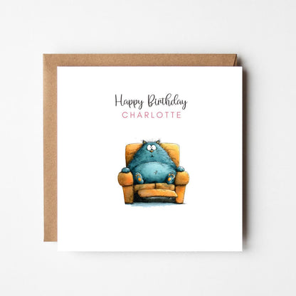 Personalised Cat on Chair Birthday Card – Funny Lazy Cat Greeting