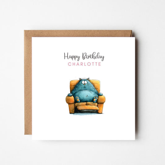 Personalised Cat on Chair Birthday Card – Funny Lazy Cat Greeting
