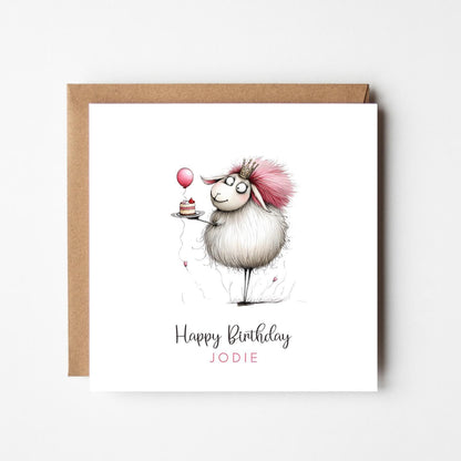 Personalised Happy Birthday Card – Whimsical Sheep with Cake & Balloon – Custom Name Card