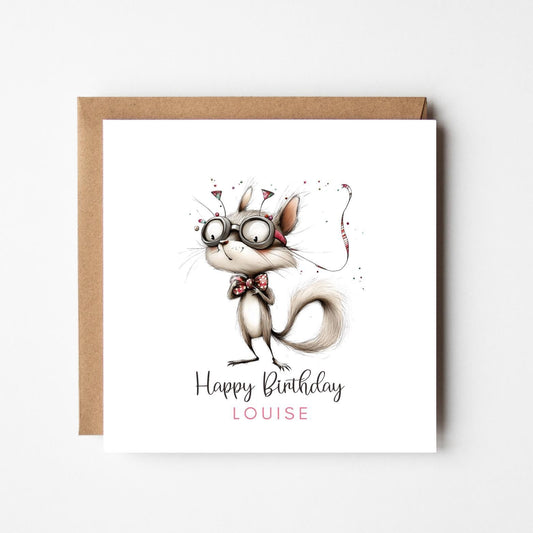 Personalised Happy Birthday Card – Whimsical Squirrel with Glasses – Custom Name Card