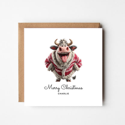 Personalised Funny Cow Christmas Card: Handmade Festive Holiday Greeting