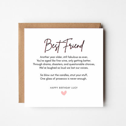 Funny Best Friend Birthday Card – Personalised Poem Card, Prosecco Birthday Card, Bestie Greeting Card, Custom Name Option