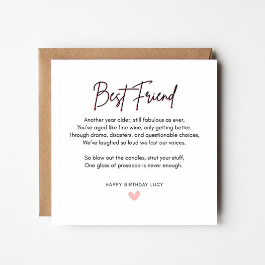Funny Best Friend Birthday Card – Personalised Poem Card, Prosecco Birthday Card, Bestie Greeting Card, Custom Name Option