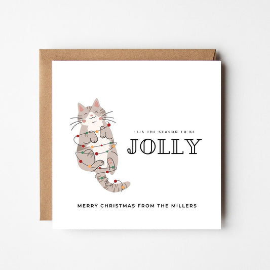 Personalised Cat Christmas Card. Wrapped in Christmas lights