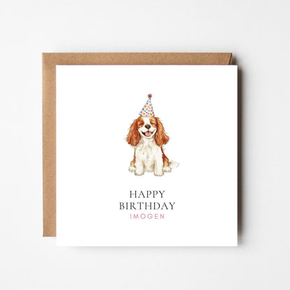 Personalised Cavalier King Charles Spaniel Birthday Card: Party Hat Dog