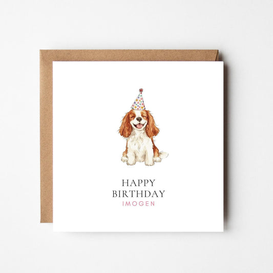 Personalised Cavalier King Charles Spaniel Birthday Card: Party Hat Dog