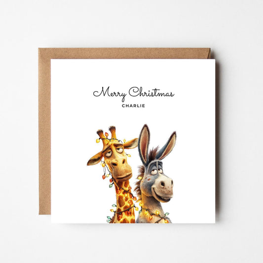 Funny Giraffe & Donkey Personalised Christmas Card – Custom Name Holiday Greeting – Cute Animal Duo Wrapped in Lights