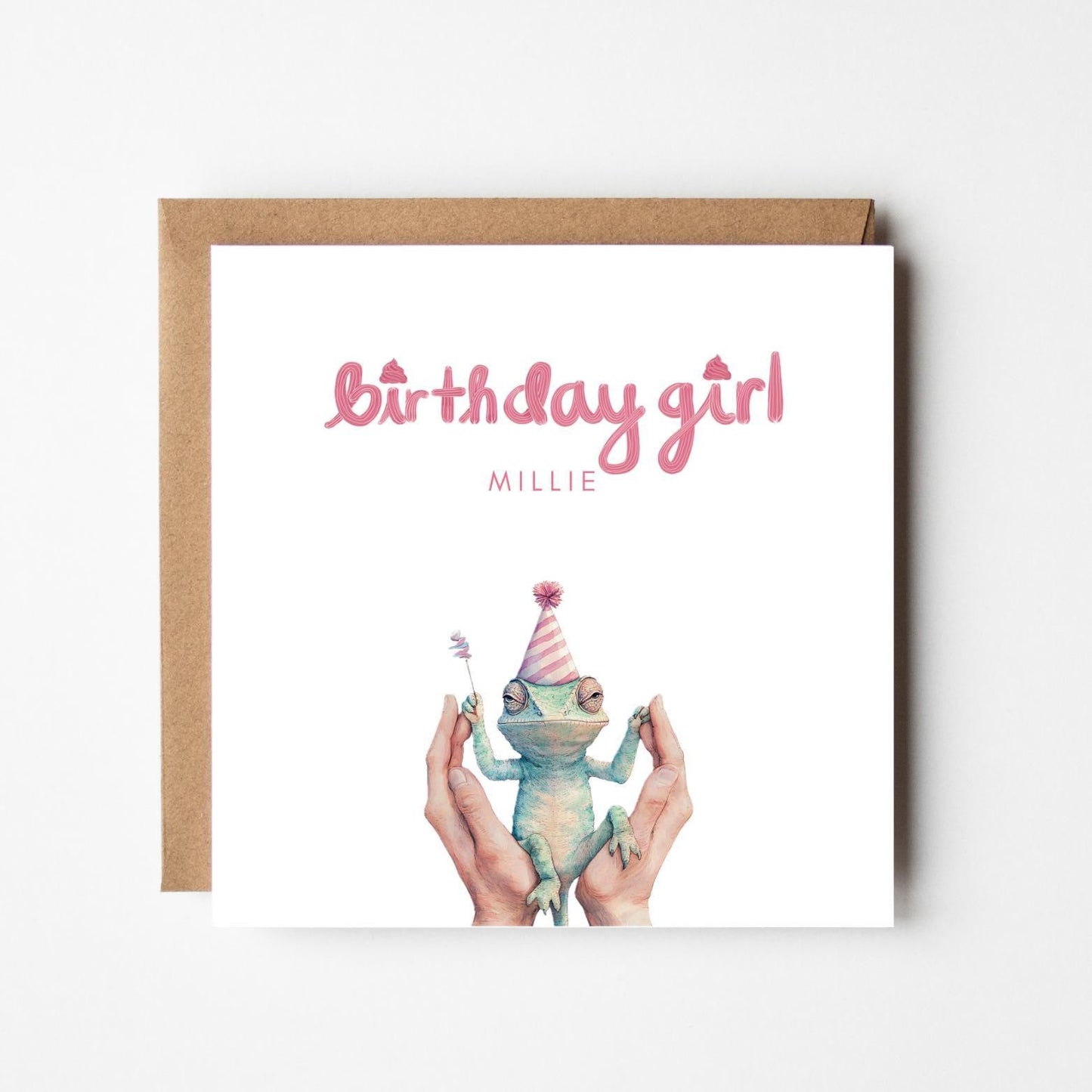 Personalised Happy Birthday Card – Whimsical Frog with Party Hat – Custom Name Card