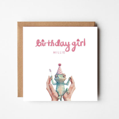 Personalised Happy Birthday Card – Whimsical Frog with Party Hat – Custom Name Card