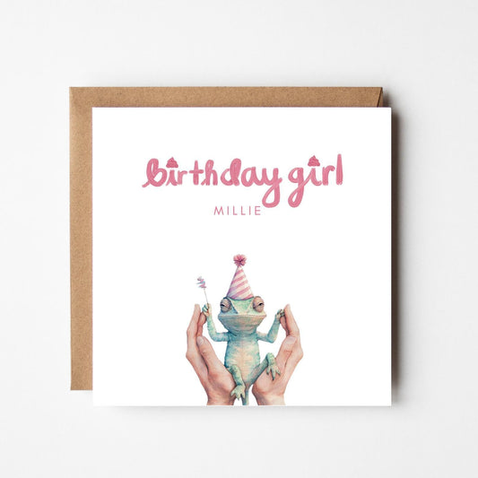 Personalised Happy Birthday Card – Whimsical Frog with Party Hat – Custom Name Card