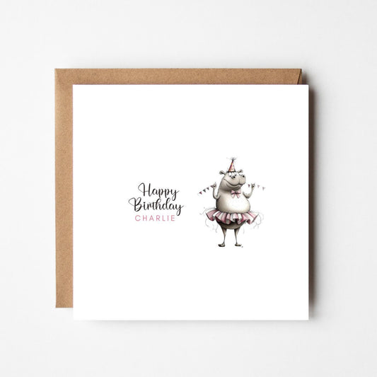 Personalised Hippo Birthday Card: Funny Ballet Design