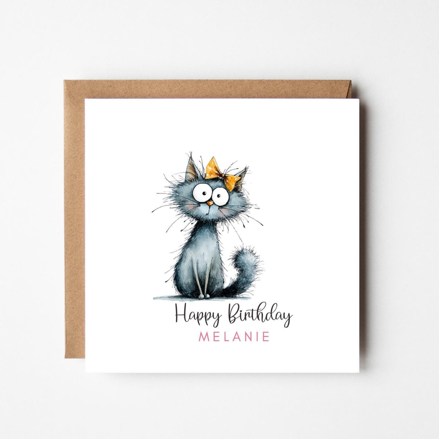Personalised Grey Cat with Bow Birthday Card – Cute Cat Birthday Card