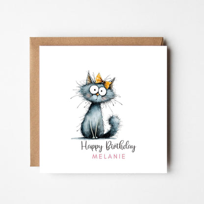 Personalised Grey Cat with Bow Birthday Card – Cute Cat Birthday Card