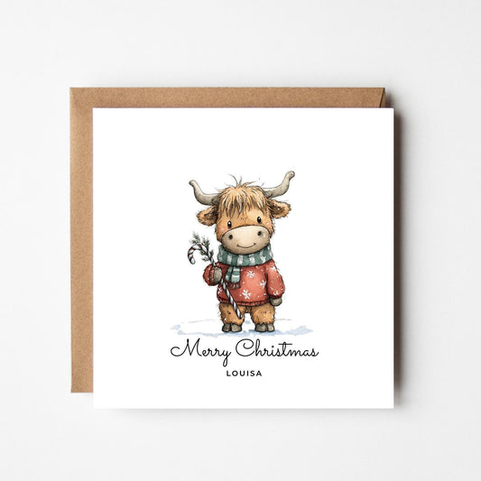 Personalised Highland Cow Christmas Card: Rustic Farmhouse Holiday Card