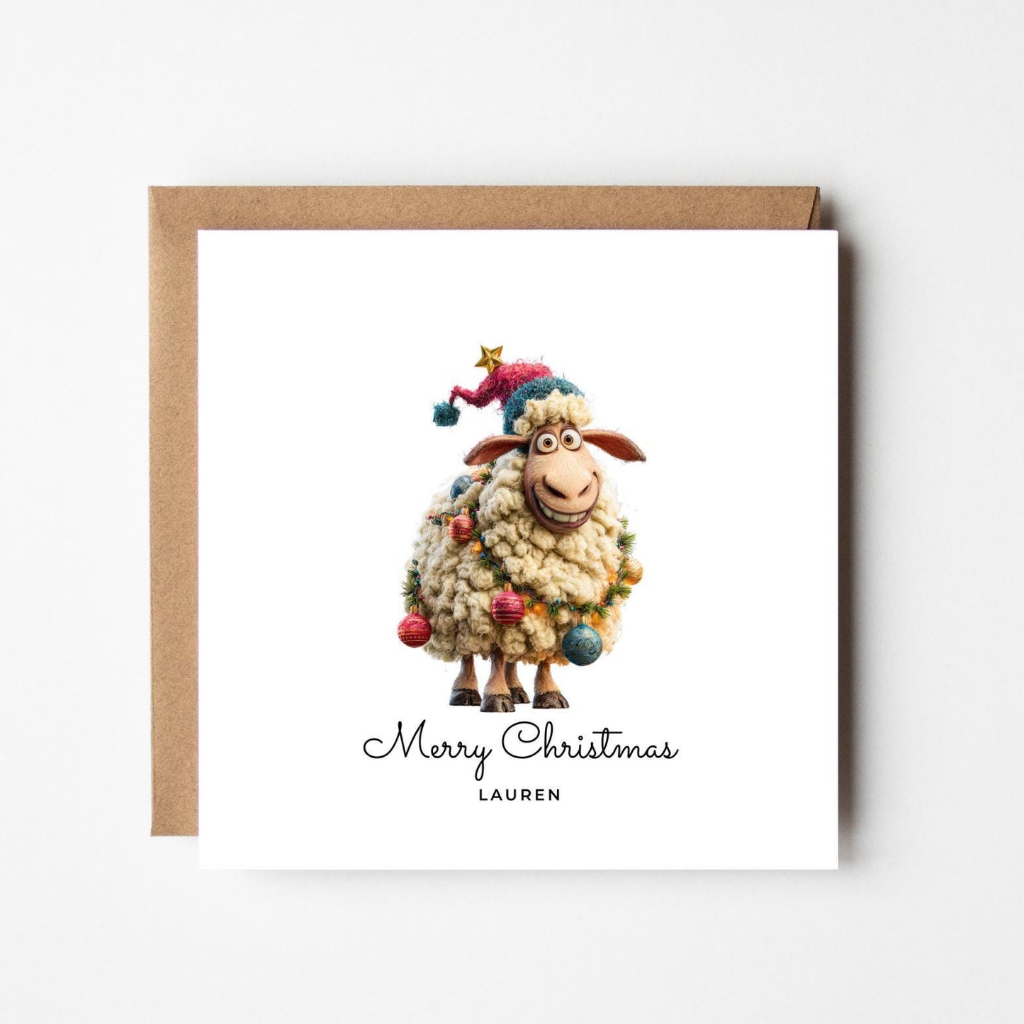 Personalised Funny Sheep Christmas Card: Custom Name Holiday Greeting