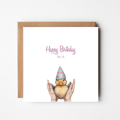 Personalised Happy Birthday Card – Watercolour Duckling with Party Hat – Custom Name Card