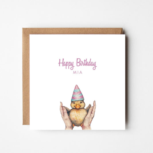 Personalised Happy Birthday Card – Watercolour Duckling with Party Hat – Custom Name Card