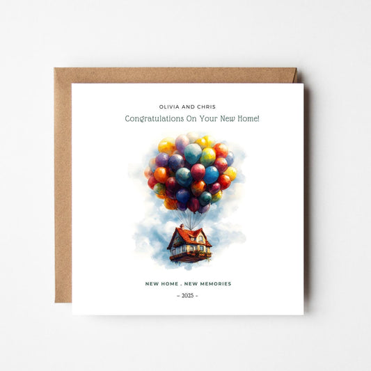 Personalised New Home Card: Colorful Balloon House, Housewarming Keepsake