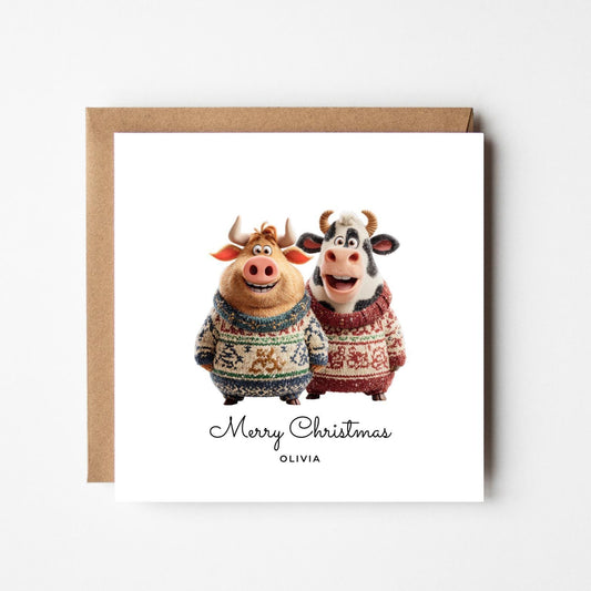Funny Cow & Bull Personalised Christmas Card: Handmade Festive Greeting