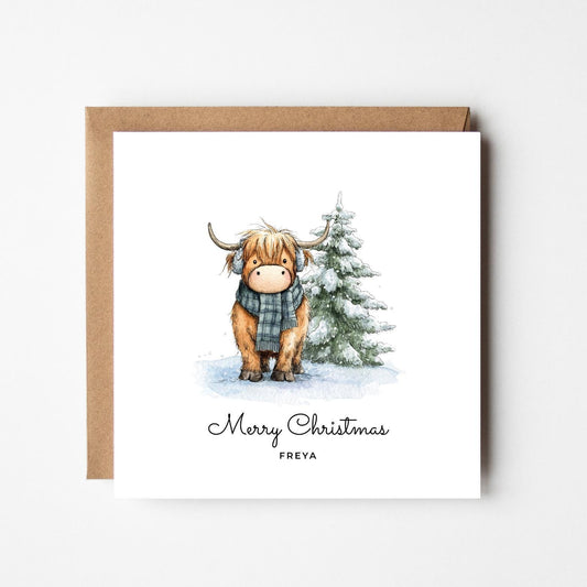 Personalised Highland Cow Christmas Card: Rustic Farmhouse Holiday
