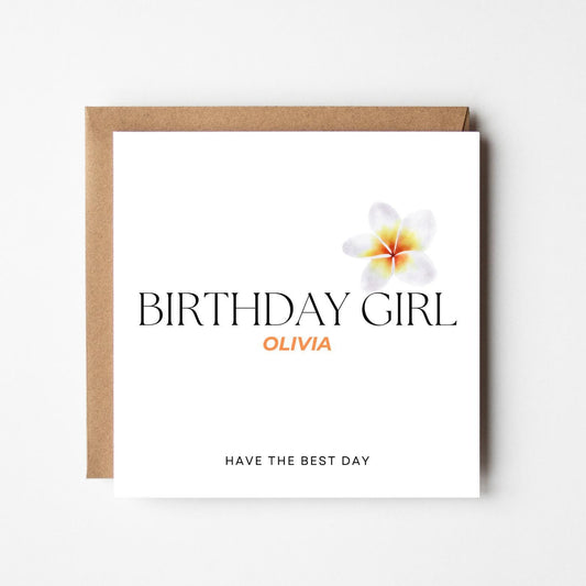Personalised Birthday Girl Card: Elegant Plumeria Flower, Handmade Design