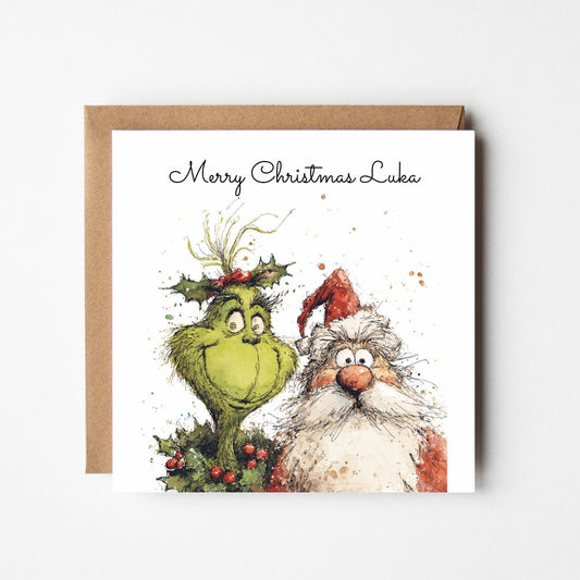 Personalised Grinch and Santa Christmas Card: Funny Holiday Greeting