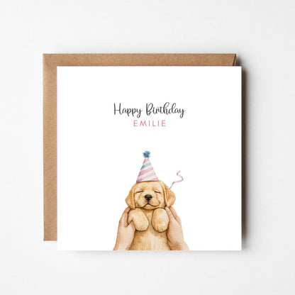 Cute Puppy Personalised Birthday Card – Custom Name Greeting – Funny Dog Birthday Card – Handmade Birthday Card for Her