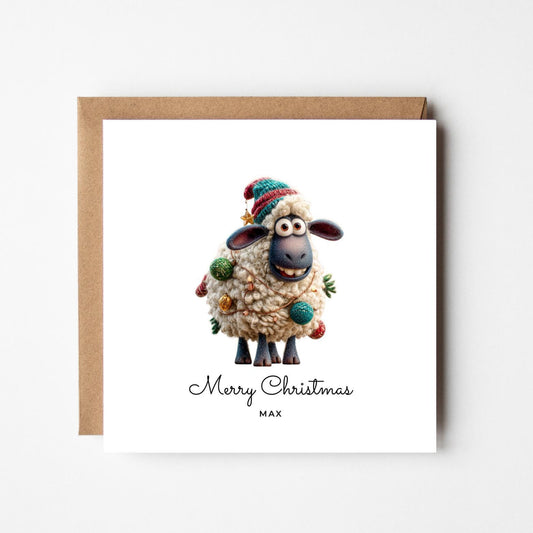 Personalised Funny Sheep Christmas Card – Custom Name Xmas Card, Cute Animal Holiday Greeting, Cartoon Festive Card for Animal Lovers