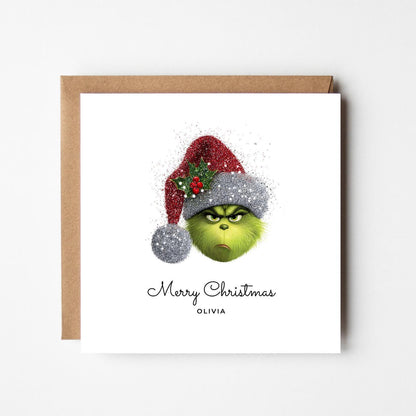 Personalised Grinch Christmas Card: Funny Glitter Hat, Custom Holiday Greeting
