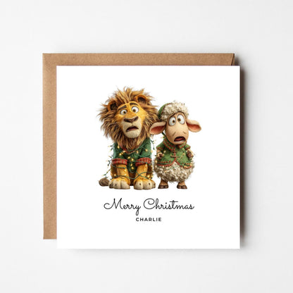 Personalised Funny Lion & Sheep Christmas Card: Handmade Festive Greeting