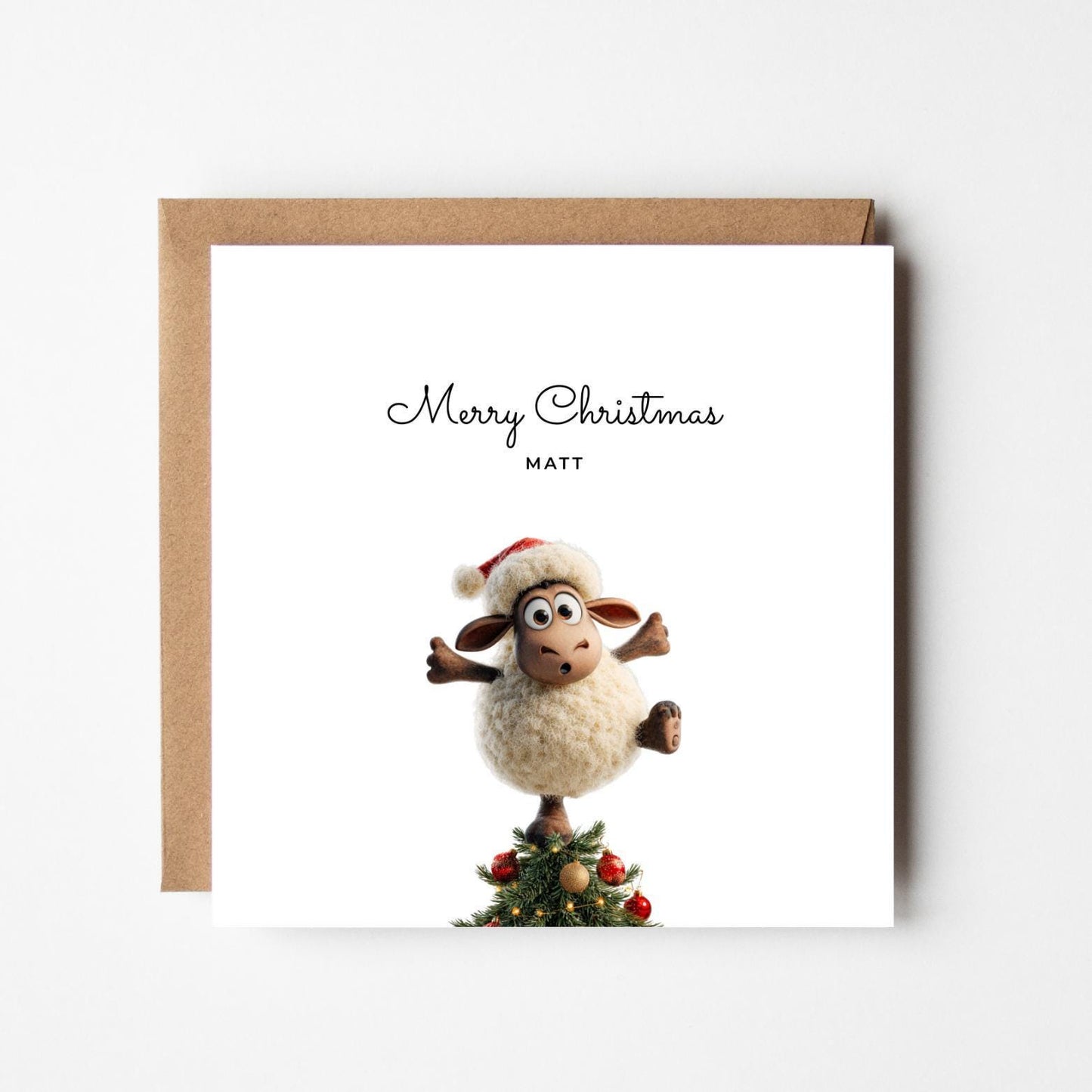 Personalised Funny Sheep Christmas Card – Custom Name Xmas Card, Cute Animal Holiday Greeting, Humorous Festive Cartoon Card