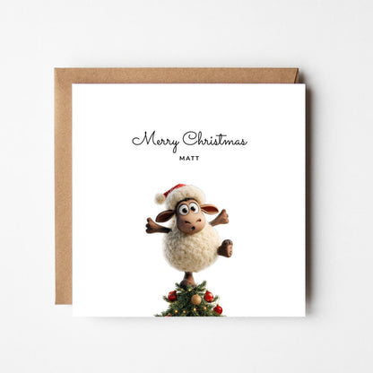 Personalised Funny Sheep Christmas Card – Custom Name Xmas Card, Cute Animal Holiday Greeting, Humorous Festive Cartoon Card