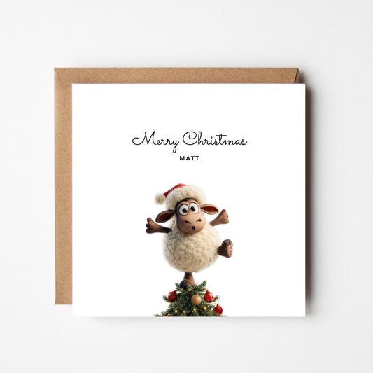 Personalised Funny Sheep Christmas Card – Custom Name Xmas Card, Cute Animal Holiday Greeting, Humorous Festive Cartoon Card