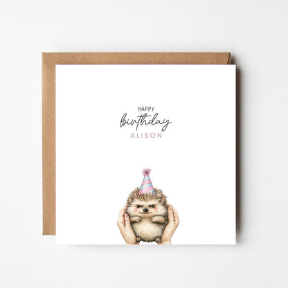 Personalised Happy Birthday Card – Watercolour Hedgehog with Party Hat – Custom Name Card