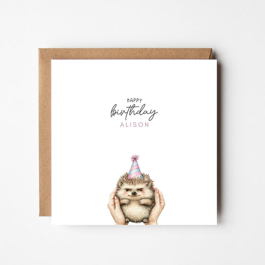 Personalised Happy Birthday Card – Watercolour Hedgehog with Party Hat – Custom Name Card