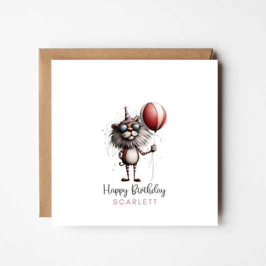 Whimsical Lion Birthday Card: Personalised Custom Name, Kraft Envelope