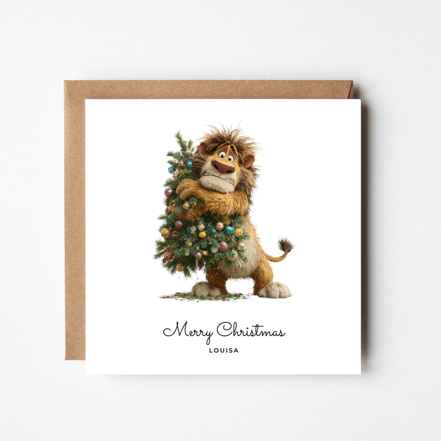 Personalised Funny Lion Christmas Card: Handmade Festive Holiday Greeting