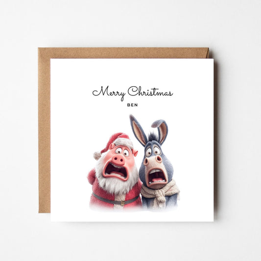 Personalised Pig & Donkey Christmas Card: Handmade Funny Animal Holiday Greeting