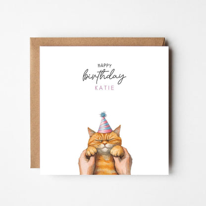 Personalised Happy Birthday Card – Watercolour Ginger Cat with Party Hat – Custom Name Card