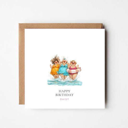 Personalised Ladies Splashing Birthday Card: Humorous Seaside Design