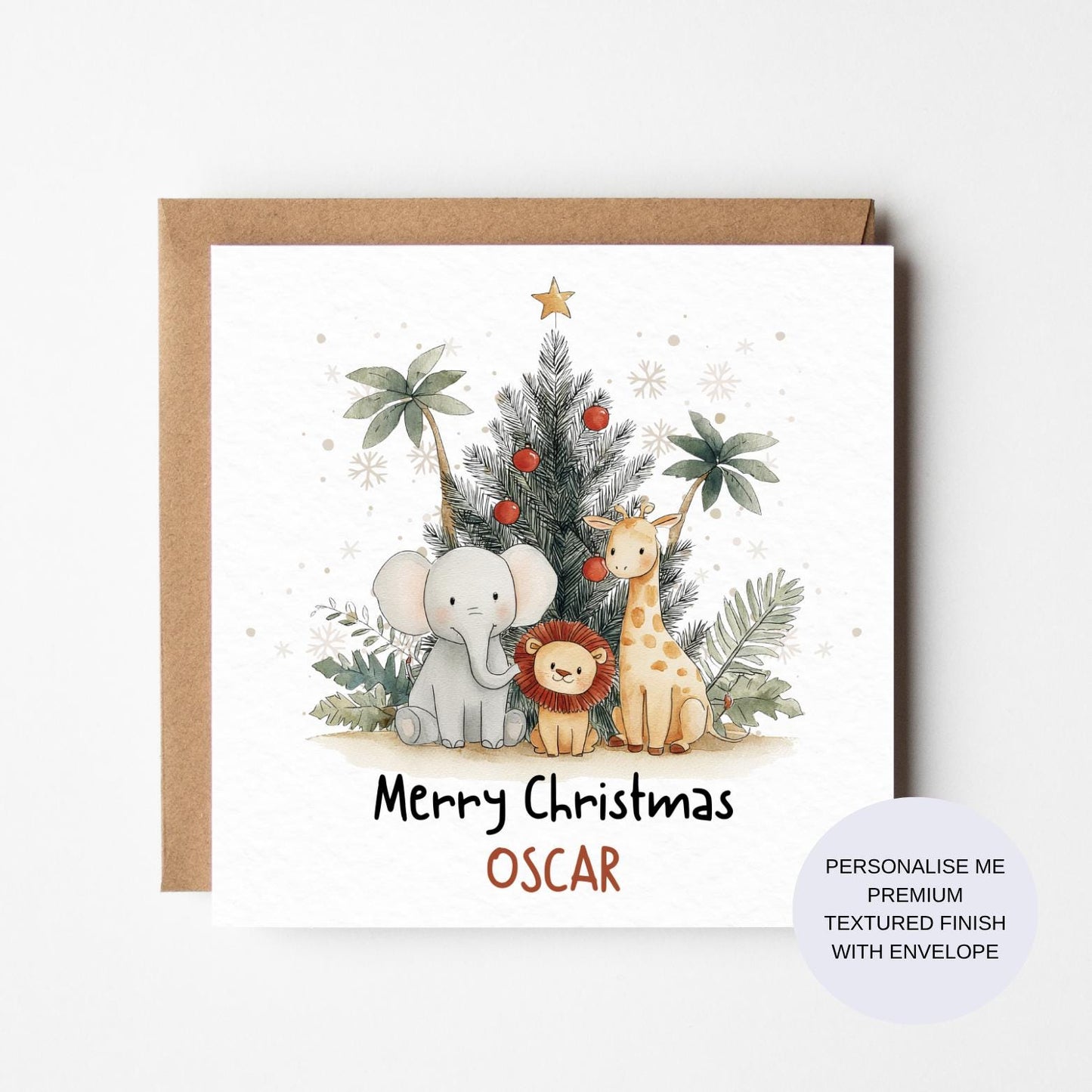 Personalized Safari Animal Christmas Card: Watercolor Lion, Elephant & Giraffe