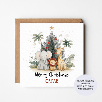 Personalized Safari Animal Christmas Card: Watercolor Lion, Elephant & Giraffe
