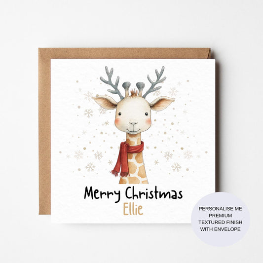 Personalized Giraffe Christmas Card: Watercolor Animal Design