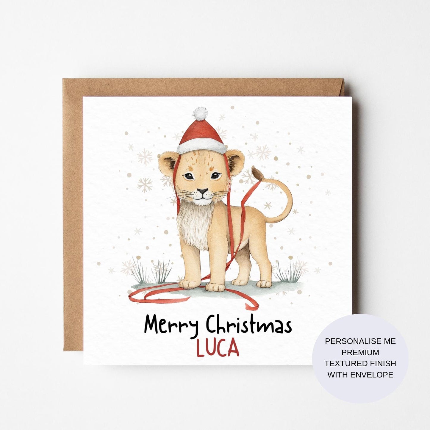Personalised Lion Cub Animal Christmas Card | Watercolour Childrens Card | Kids, Baby, Girl, Boy, Toddler, Daughter, Son, 1st Christmas