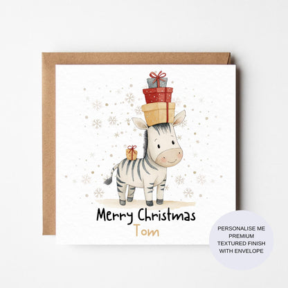 Personalised Zebra Christmas Card: Watercolor Safari Animals