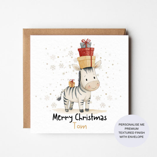 Personalised Zebra Christmas Card: Watercolor Safari Animals