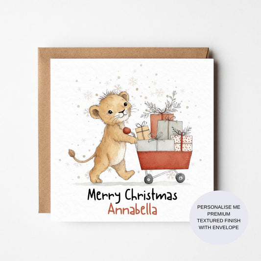 Personalized Lion Cub Christmas Card: Watercolor Kids Holiday Card