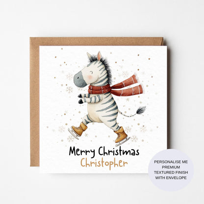 Personalised Zebra Christmas Card | Watercolour Childrens Card | Kids, Baby, Girl, Boy, Toddler, Daughter, Son, 1st Christmas