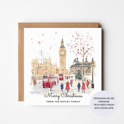 Personalised London Christmas Card - Watercolour British City Merry Christmas - Red bus, Big Ben, Snow, Christmas Tree