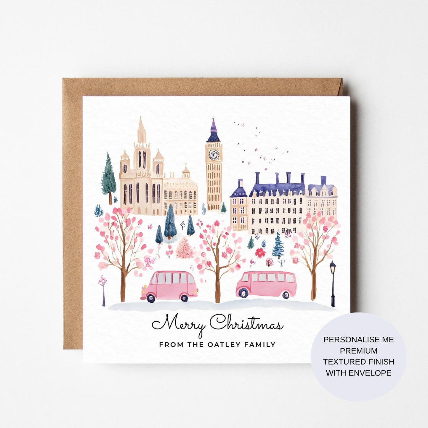 Personalized London Christmas Card: Watercolour Big Ben, Snow Scene